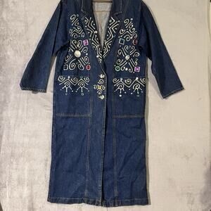 Vtg Embellished Denim Long Duster Jacket Gaudy Bejeweled Coat Women M* Heavy